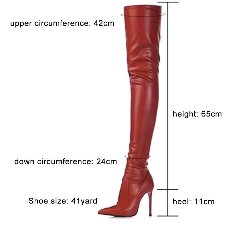 Wine red Sexy High Heels Stretch Leather Over-the-Knee Women\'s Boots Pointed Toe Thigh High Long Boots Slip-On Feminina Shoes