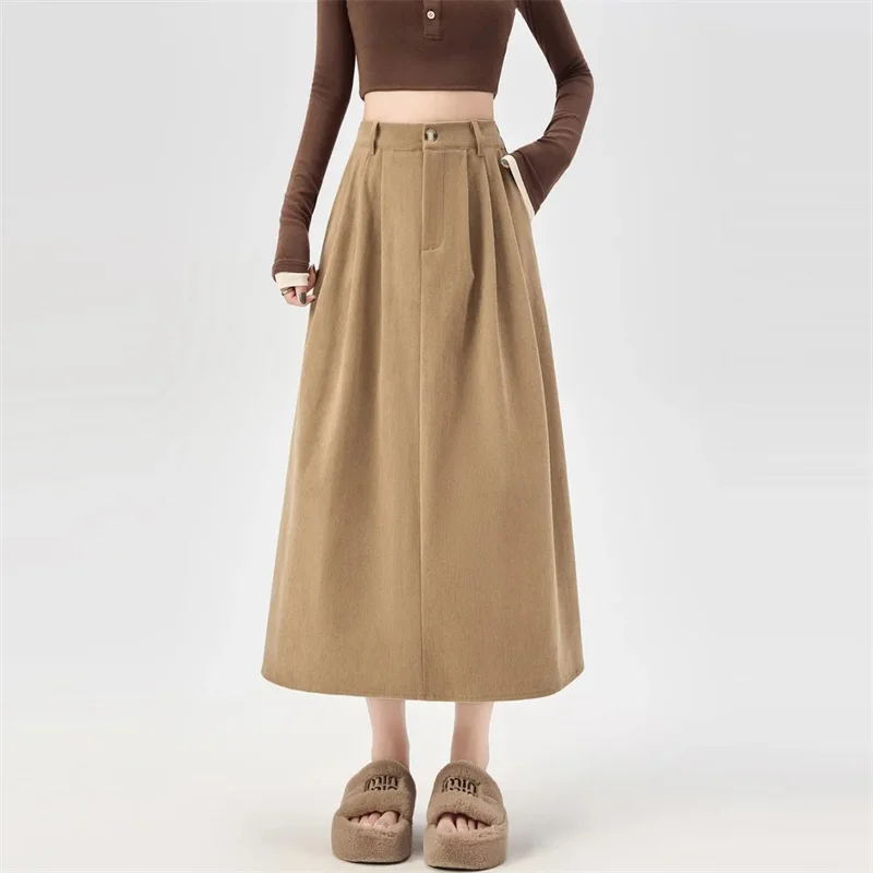 Korean Ladies High Waist Maxi Skirt Autumn Feminine High End Solid Color Casual Skirt Spring Women Fashion Corduroy Long Skirts