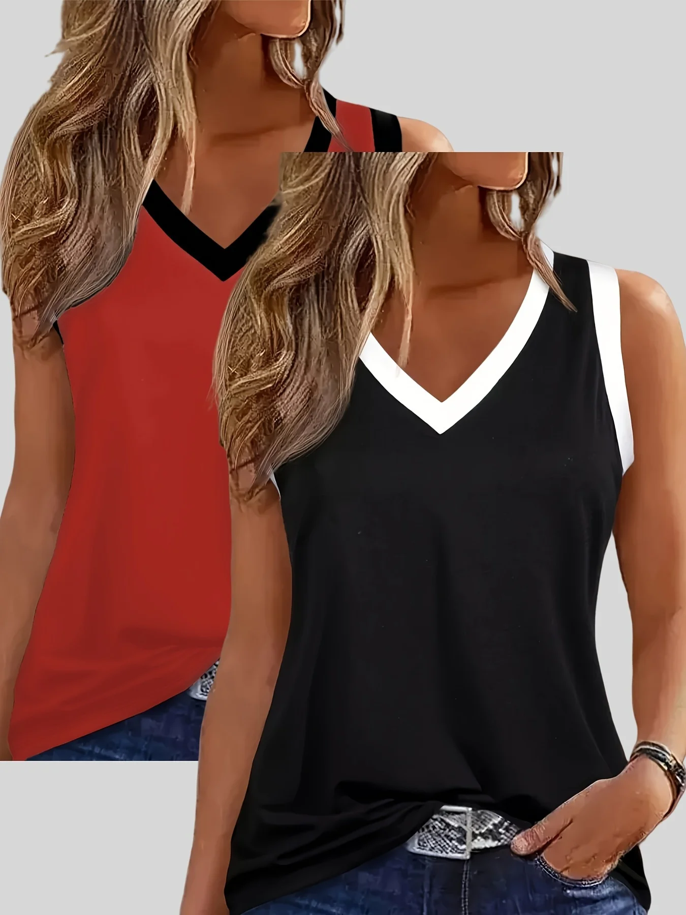 

New fashion color-blocking trend casual comfortable women's V-neck plus size vest two-piece set