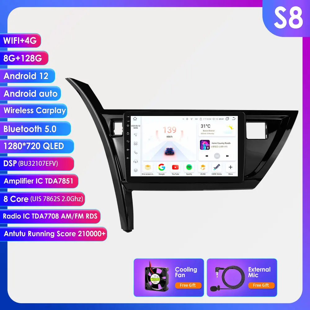 Hizpo 10.1 inch autoradio voor Toyota Corolla Auris 2013-2016 (linksgestuurd) Draadloze Carplay Android auto multimedia videospeler 2 DIN radio autoradio GPS stereo slimme intelligente systemen IPS