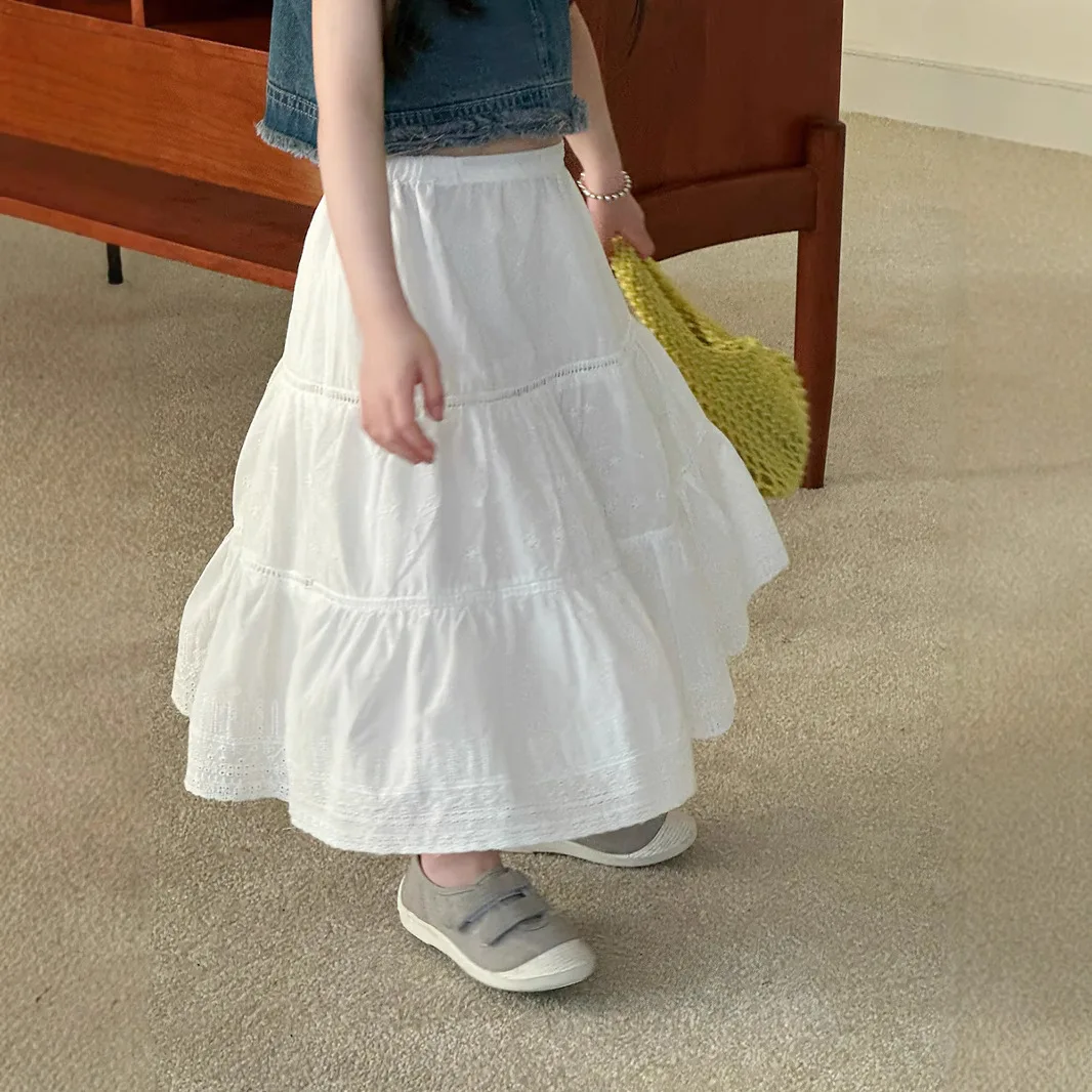 Girls' French Retro High-waisted Drape Skirt Children's Embroidered Lace A-shaped Umbrella Skirt Long Skirt