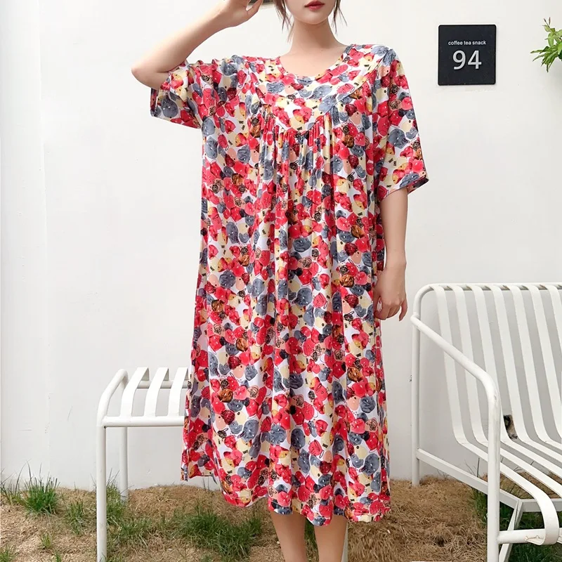 2023 Summer New Nightdress Loose Plus Size Homewear Cotton Round Neck Printed Pajamas Dress Can Be Worn Outside Pijamas Women