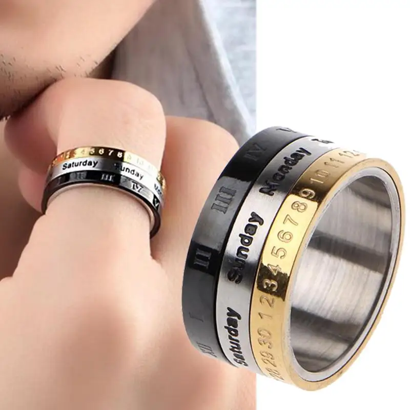 Stainless Steel Roman Numbers Rotating Anxiety Fidget Ring For Men Women Stylish Punk Spinning Spinner Anti Stress Rings Jewelry