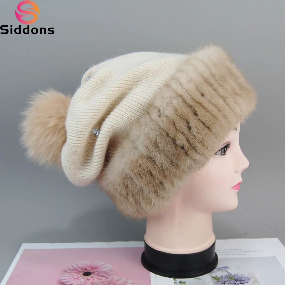 

Fashion Knitted Ladies Real Mink Fur Beanies Cap Winter Women's hat Warm Natural Mink Fur Hats Elastic Luxury Female Fur Hat