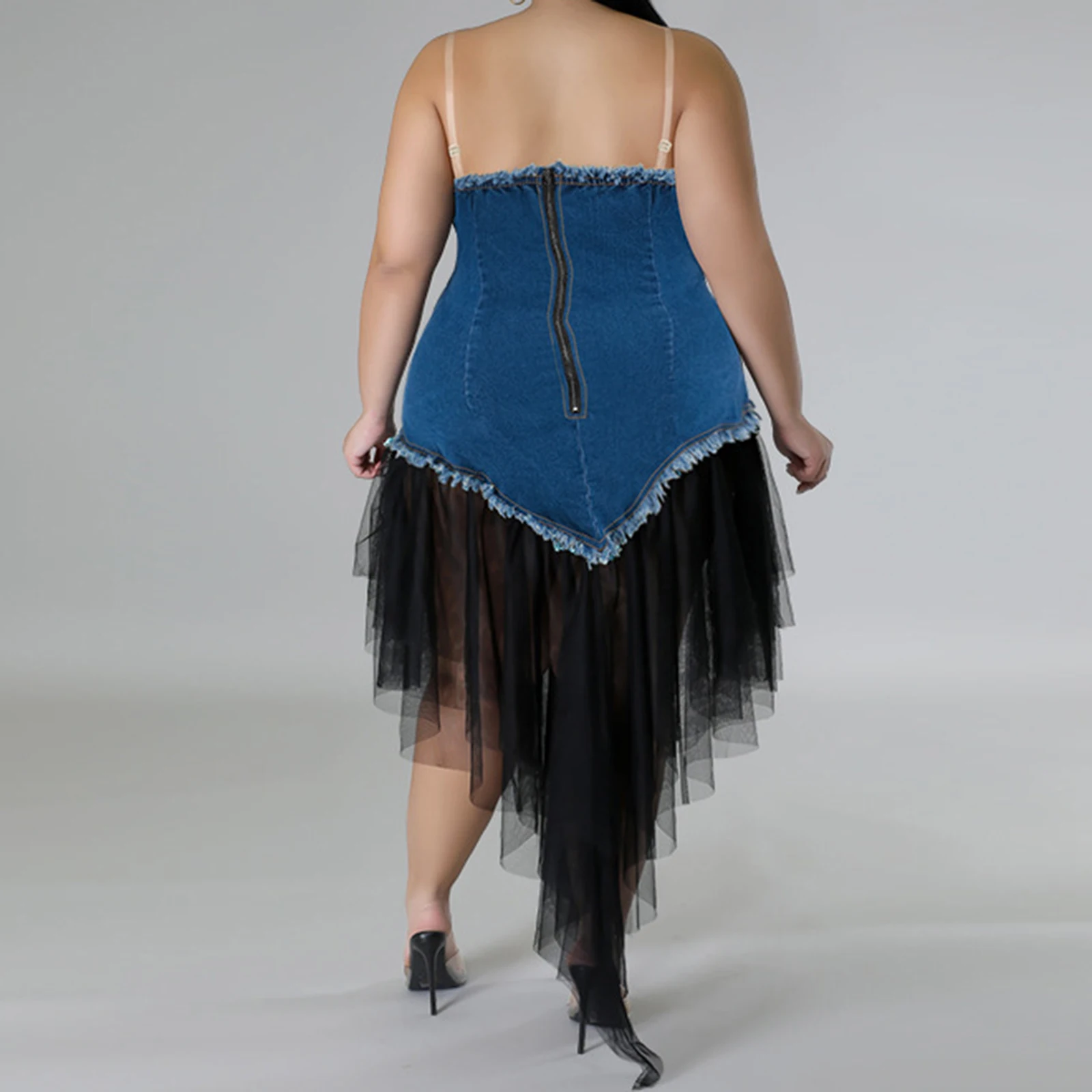 2025, Damen-Jeanskleider in Übergröße, Sommer, sexy Damen, ärmellos, Spaghettiträger, Patchwork, Netzsaum, Midi-Slip-Kleid
