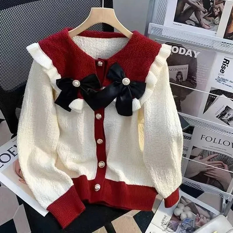 

Sweet Preppy Women Knitted Cardigan Fall Winter Bow Button Patchwork Fashion Sweaters Peter Pan Collar Kawaii Ruffle Chic Tops