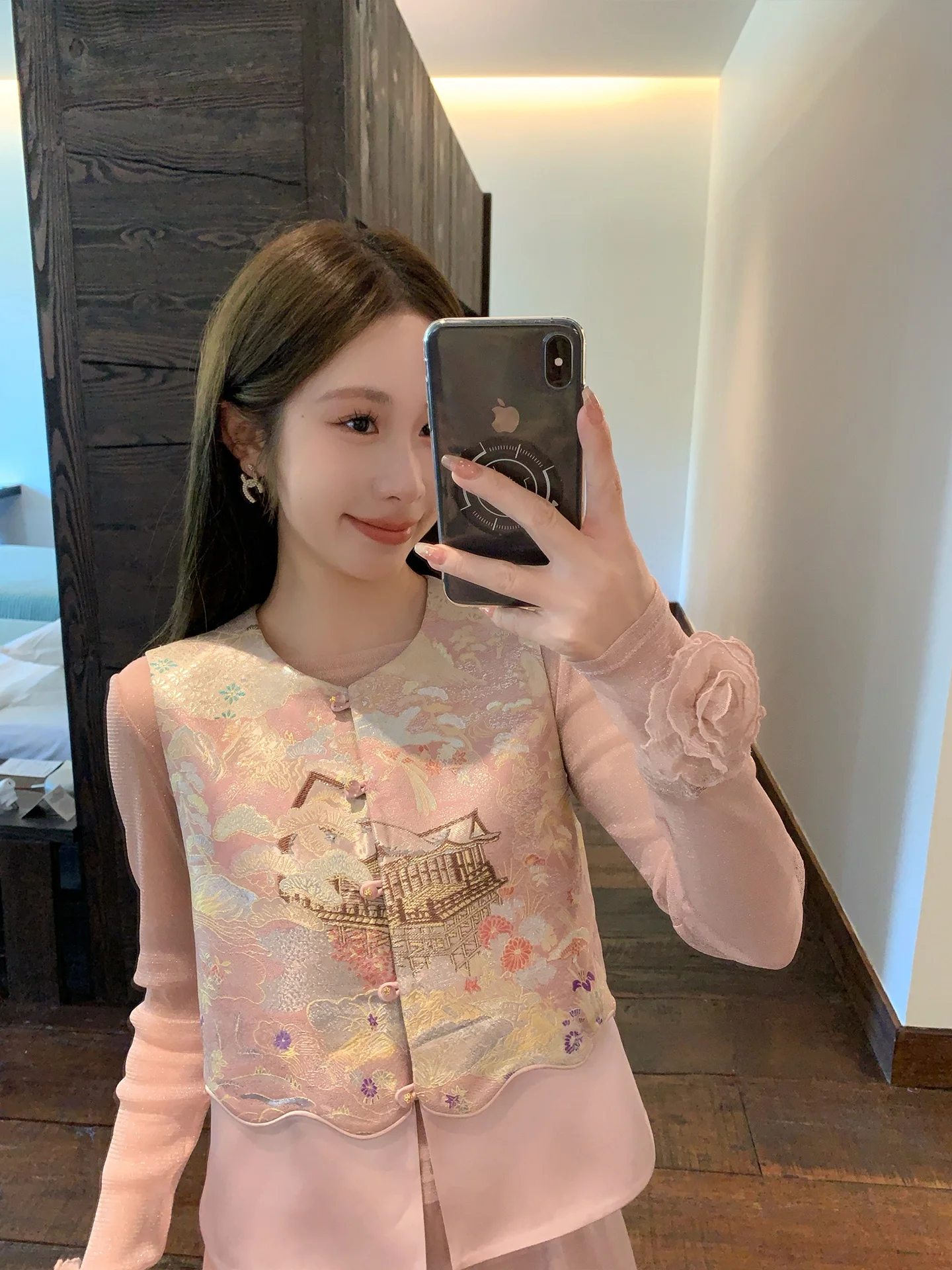 

Pink Long Sleeve round Neck T-Shirt Women's Inner Wear Mesh Top Slim Fit High Waist Nylon Fabric Floral Pattern Spring Summer
