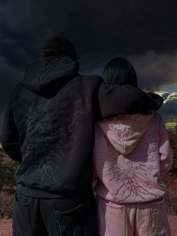 الشارع الأمريكي هوديي الخريف / الشتاء الرجعية الرجال والنساء الهيب هوب التطريز الثقيلة مخصص القوطية هوديي مجموعة