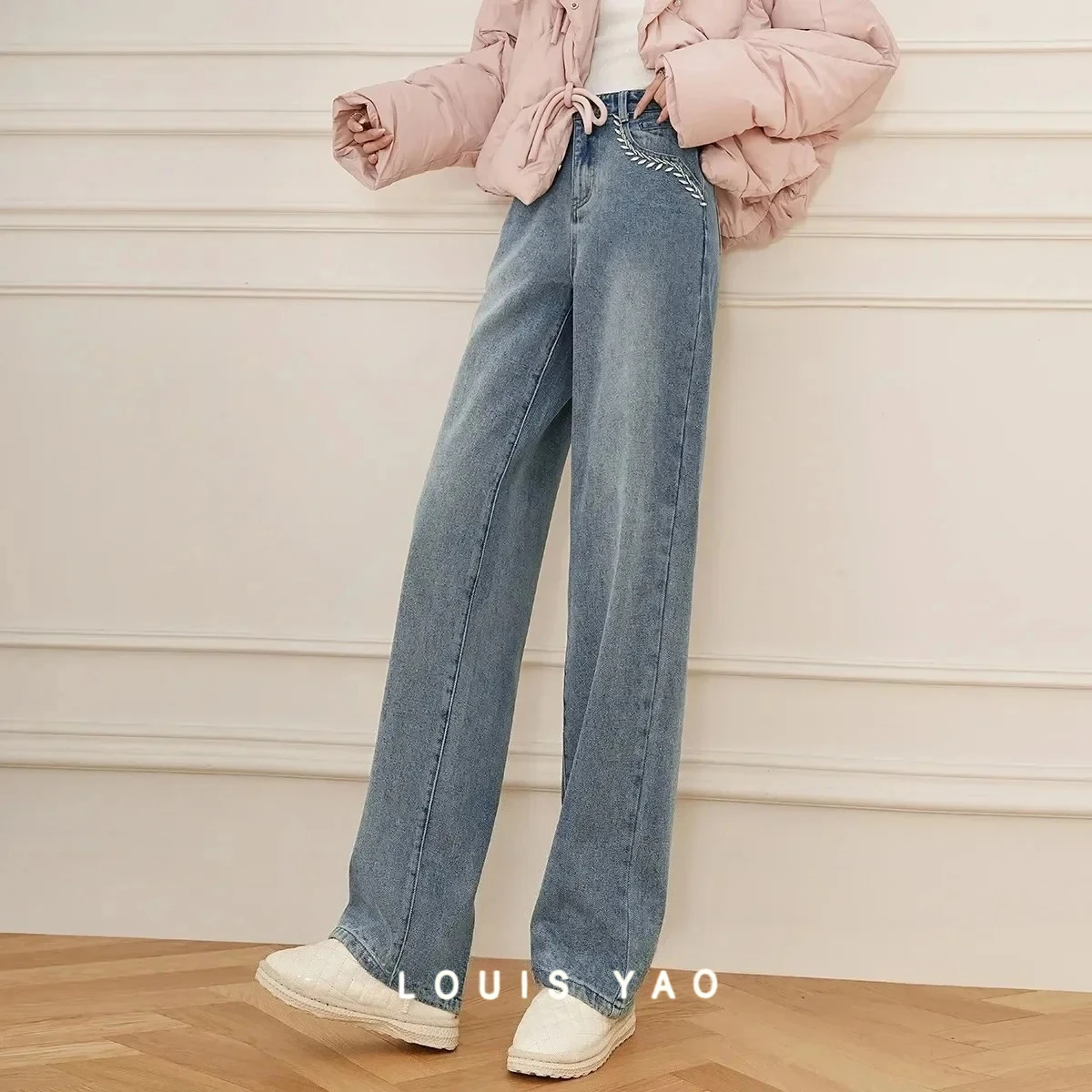 

Spring and Autumn Fashionable Straight One Button Women's Casual Pants High Waist Nail Bead Thick Jeans Female Clothing