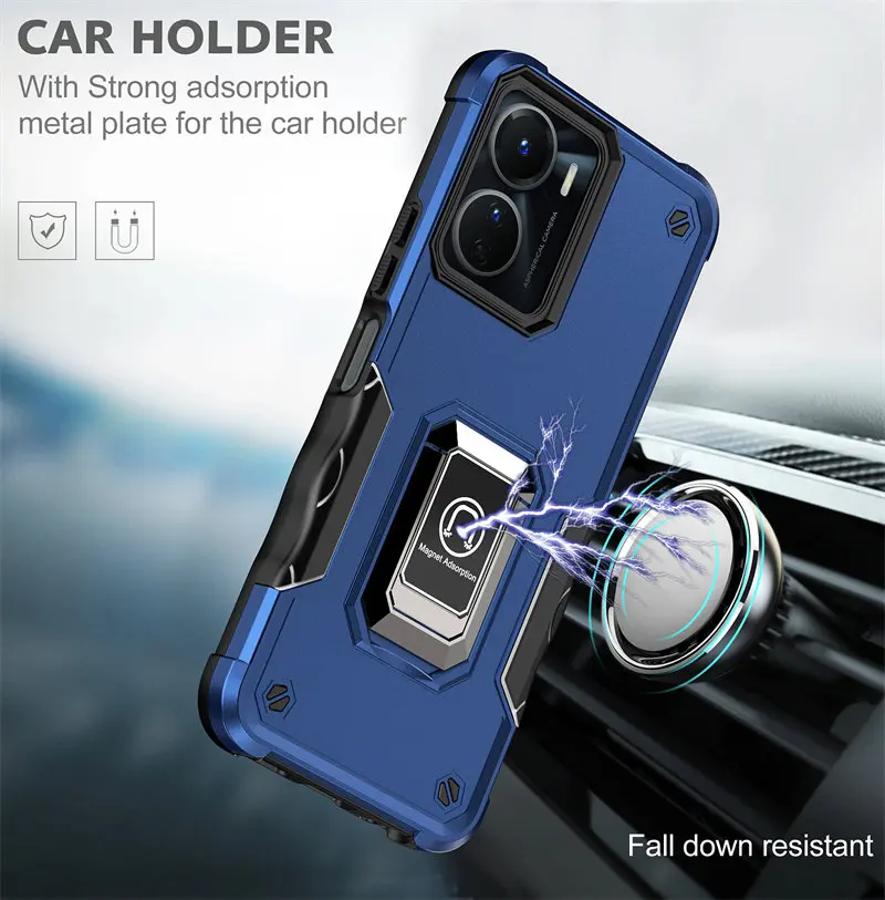 Vivo Y02S 4G 2022 V2203 Case Shockproof Magnetic Metal Ring Holder Armor Back Cover Hard Case for Vivo Y02S VivoY02S 4G V2203