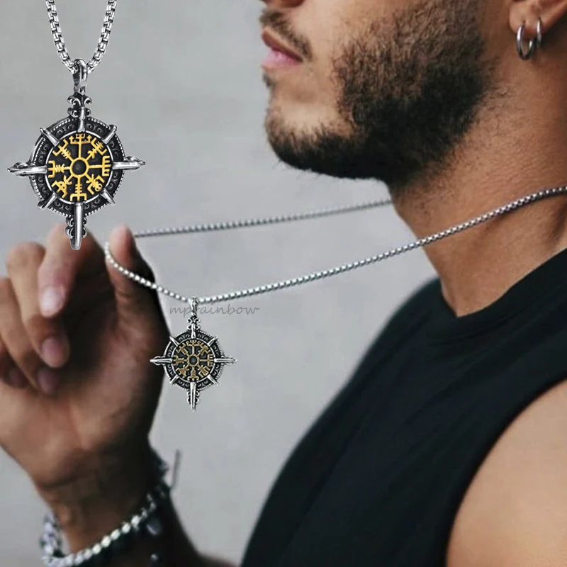 قلادة فايكنغ ، قلادة فيغفيسير نورس رونز كومباس ، سلسلة بدلاية من الفولاذ المقاوم للصدأ تميمة قلادة للرجال ، أساطير نورس