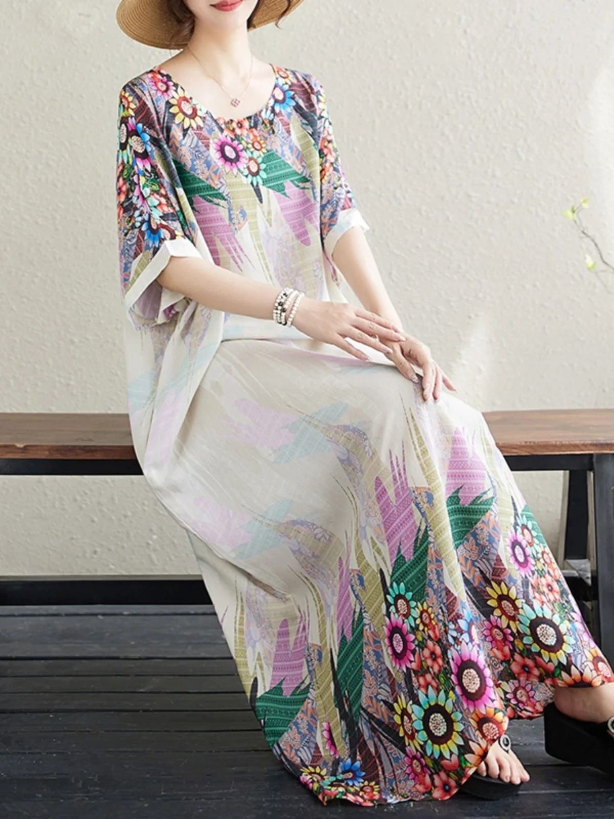 تنورة شاطئ طويلة فضفاضة من Summer n مزيج القطن والحرير جولة Ne Print Dr Sweet Sle عطلة الرياح الصيف رداء طويل