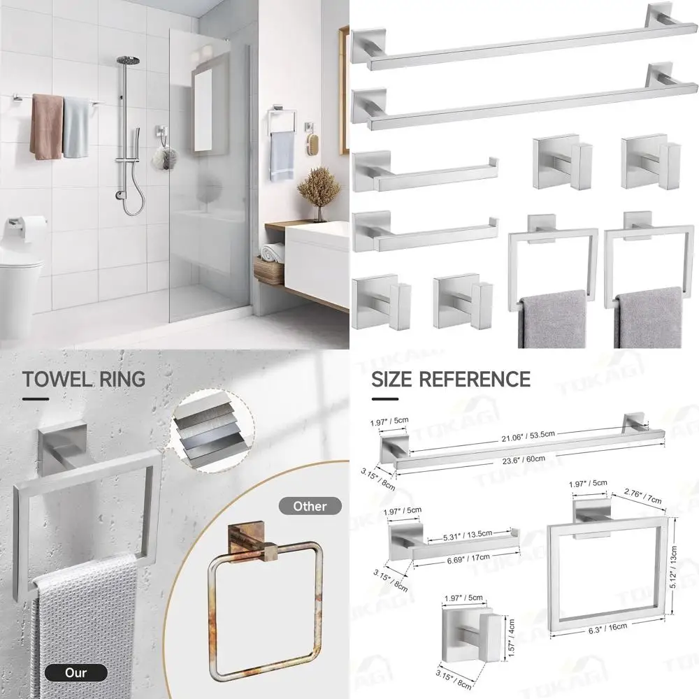 

10-Piece Brushed Nickel Bathroom Accessory Set with Stainless Steel Towel Bar, Ring, Holder, and Hooks