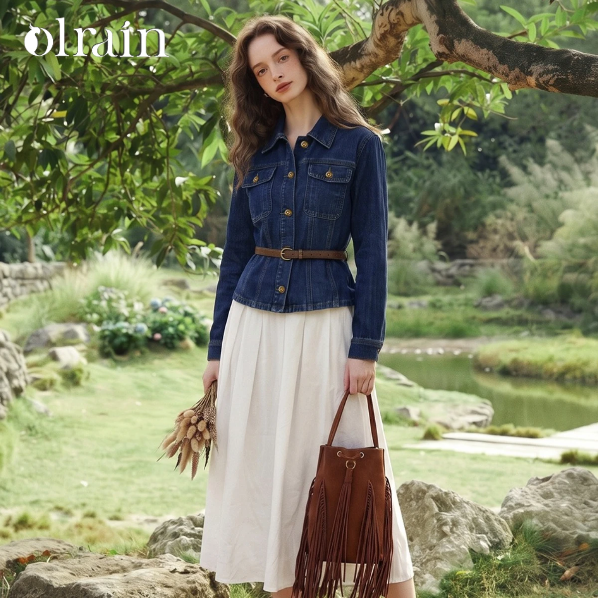 OLrain Women's Denim Jacket Autumn French Retro Long Sleeve Blue Coat 2026 Casual Detachable Belt Cropped Outerwear O58QW010332