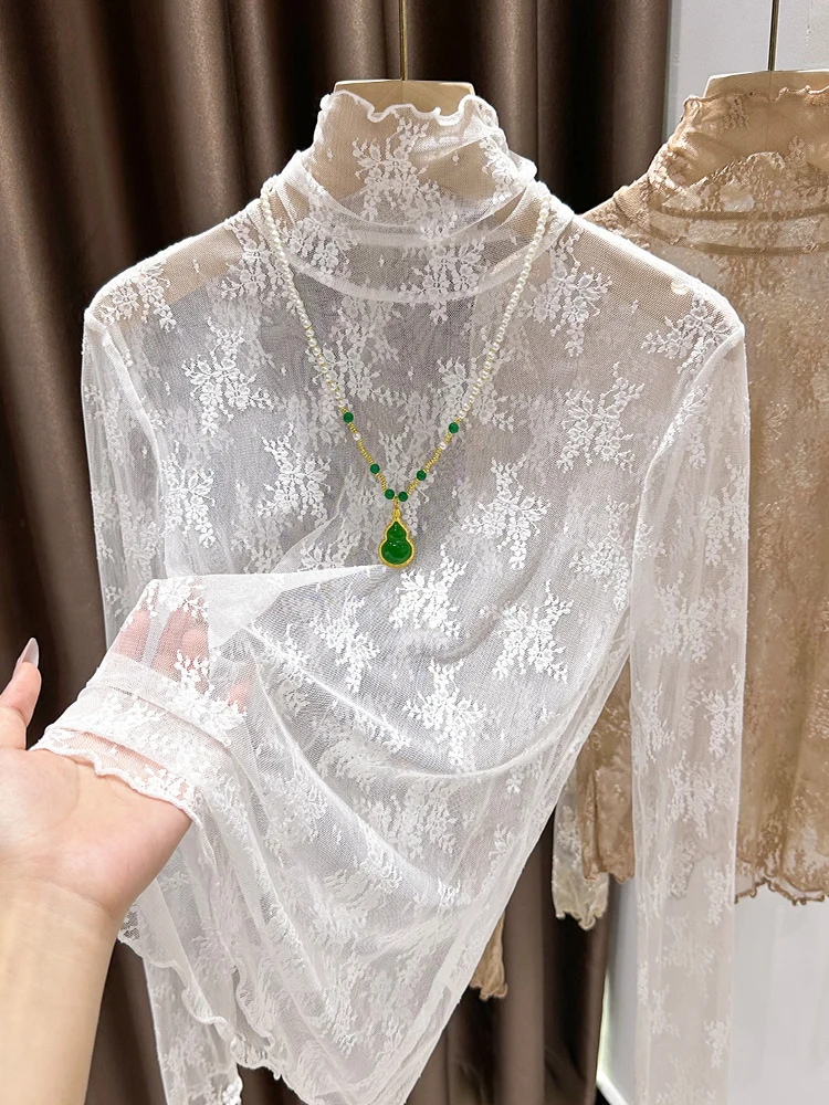 

Pure Desire Sexy Lace Base irt Women's Spring Autumn New Sle Inner Wear High Ne Gauze irt Floral Pattern Thin Me