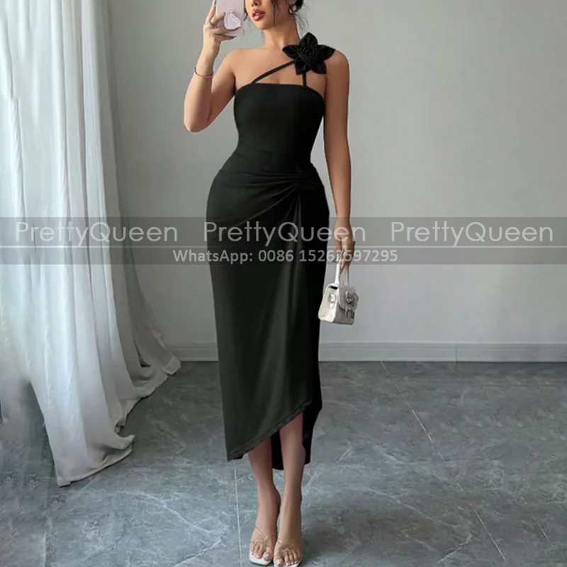 

Tea Length Sheath Prom Dresses Flower One Shoulder Sleeveless Pleat Mermaid Customized Formal Evening Dress For Women