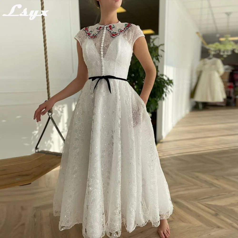 

LSYX Pastrol Prom Gown O-Neck Cherry Appliques Exquisite Lace Birthday Party Dresses Ankle-Length Short Sleeves فستان العيد 2024