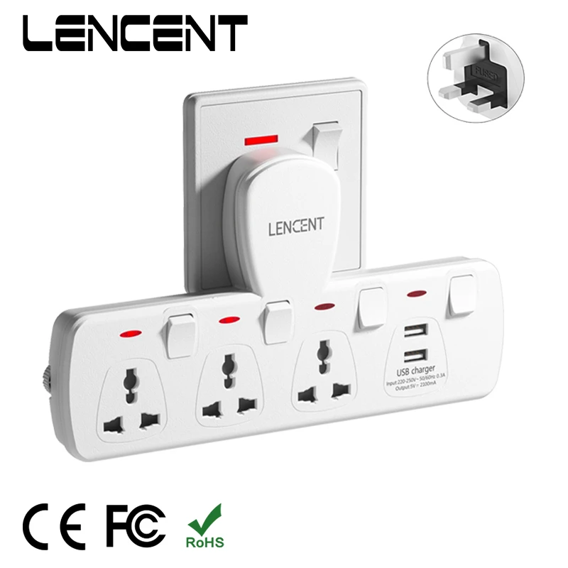 LENCENT Multi Plug Extension Socket with 3 AC Outlets 2 USB Ports Extension Universal Plug Adapter with Switch for Home Office