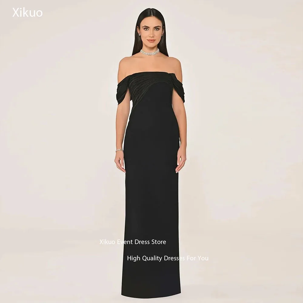 

Xikuo Column Black Maxi Evening Dresses Ruched Off Shoulder Vestido Femininos Straight Short Sleeves Robes Habillées Customized
