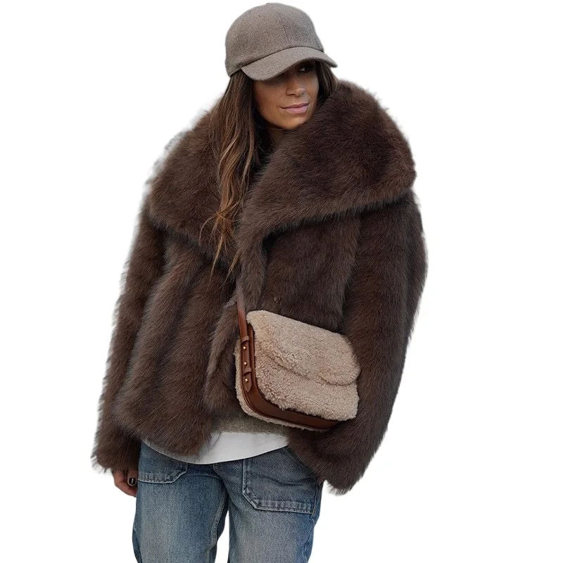 Inverno quente café colorido suave encantador confortável elegante deslocamento namoro lapela outerwear moda pele do falso