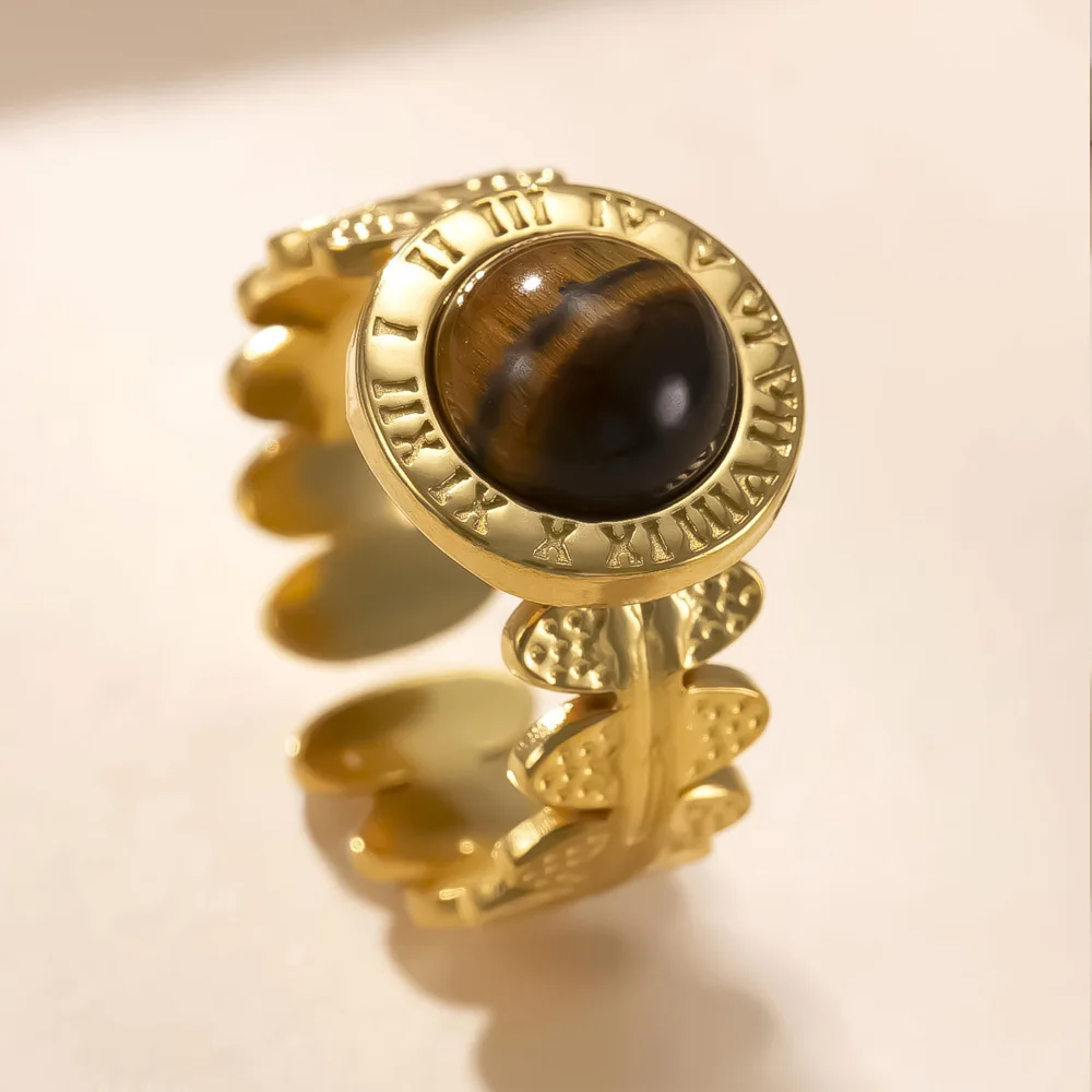 

8pcs Roman Numeral Royal Ring Green White Pink Stone Gold Stainless Steel Open Rings Women Reiki Healing Crystal Jewelry