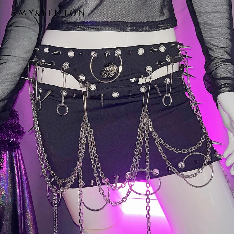 

Gothic Dark Y2K Hot Girl Women's Clothing 2025 Autumn New Design Pin Chain Sexy Fake Two-Piece Rock Punk Short Skirts Ladies