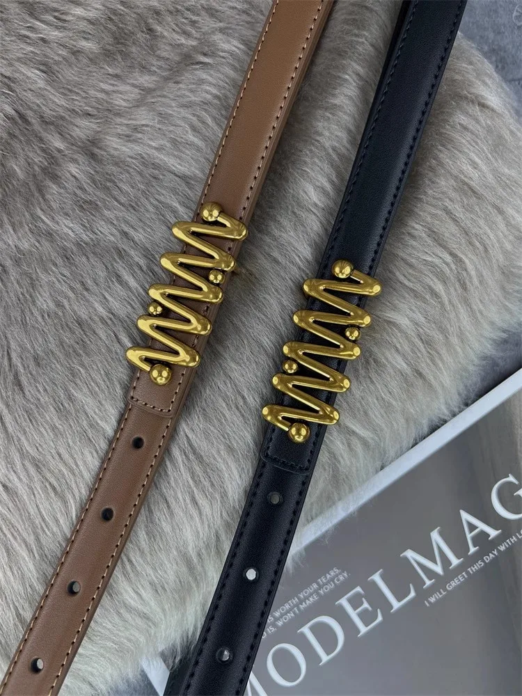 ผู้หญิงแฟชั่นหัวเข็มขัดทองของแท้หนังรัดตัวหญิง Cummerbund Coat เข็มขัดชุด Decration เข็มขัดแคบ J1398