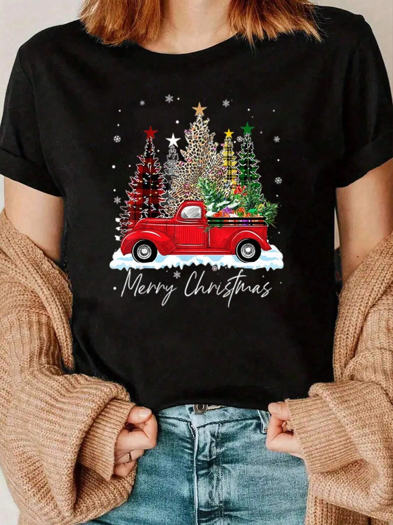 

Christmas Tree Truck Print Merry Christmas T-Shirt Holiday Casual Wear Women 220g