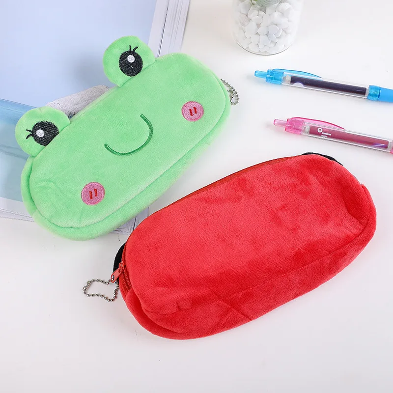 Cartoon Animal Fruit Plush Cute Children\'s Pencil Stationery Large Capacity Fabric Zipper Storage Pen Bag Embroidery Zero Wallet