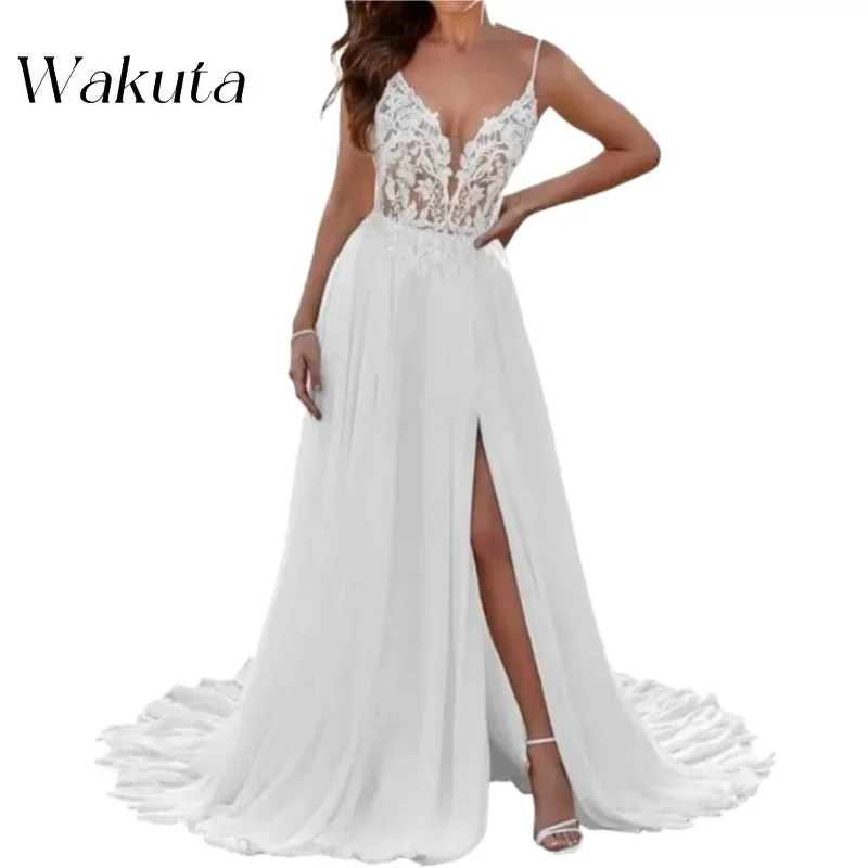 Wakuta-vestido de casamento com decote em V, sem mangas, bordado, vestido de chiffon, casamento na praia, linha A para noivas