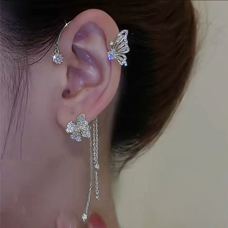 Korean Gold Silver Color Crystal Butterfly Ear Clip For Women Sparkling Rhinestone Ear Cuff Sweet Clip Earrings Wedding Jewelry