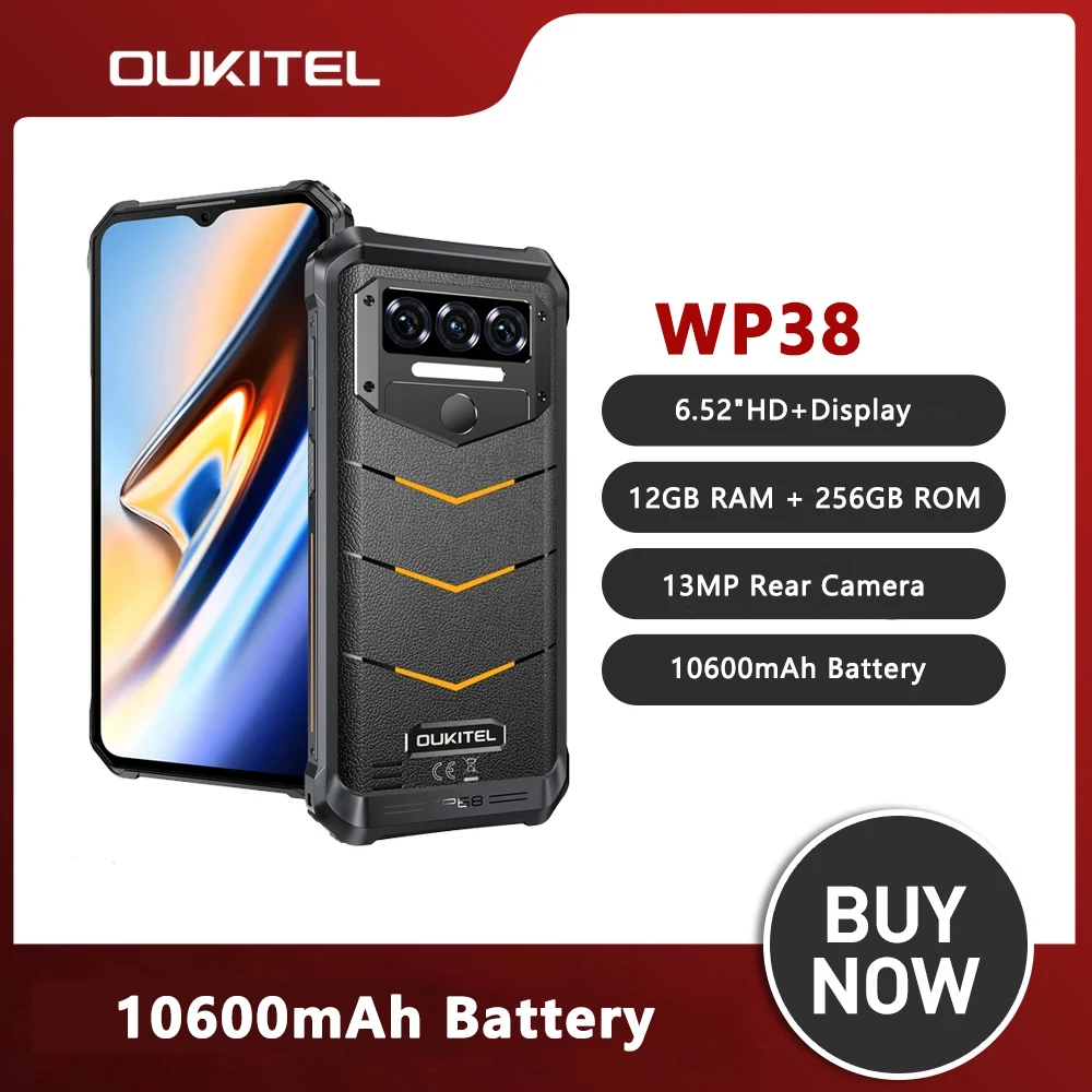 

Oukitel WP38 4G Rugged Smartphone Android 13 12GB+256GB 10600mAh Mobile Phone 6.52Inch HD+ 13MP Cellphone NFC OTG Global Version