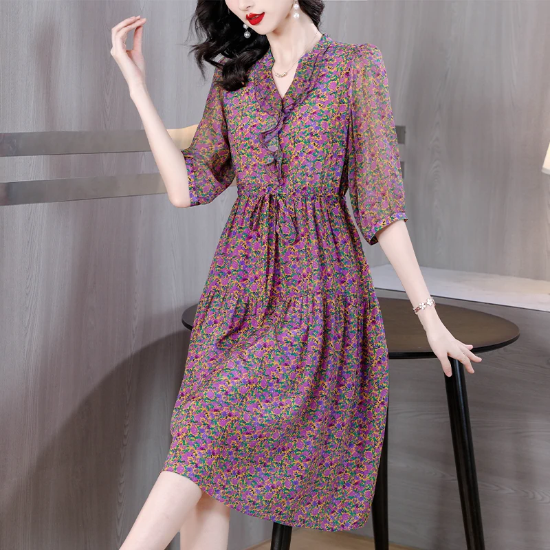 Summer Formal Occasion Silk Luxury Midi Dress Women Vintage Hepburn Beach Boho Dress 2025 Spring Elegant Casual Party Vestidos