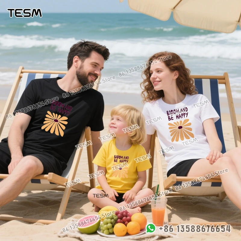 

TESM Summer Family Matching Cotton T-shirts 100% Pure Cotton Short Sleeve Vintage Flower LettersPrint Parent Child Tees