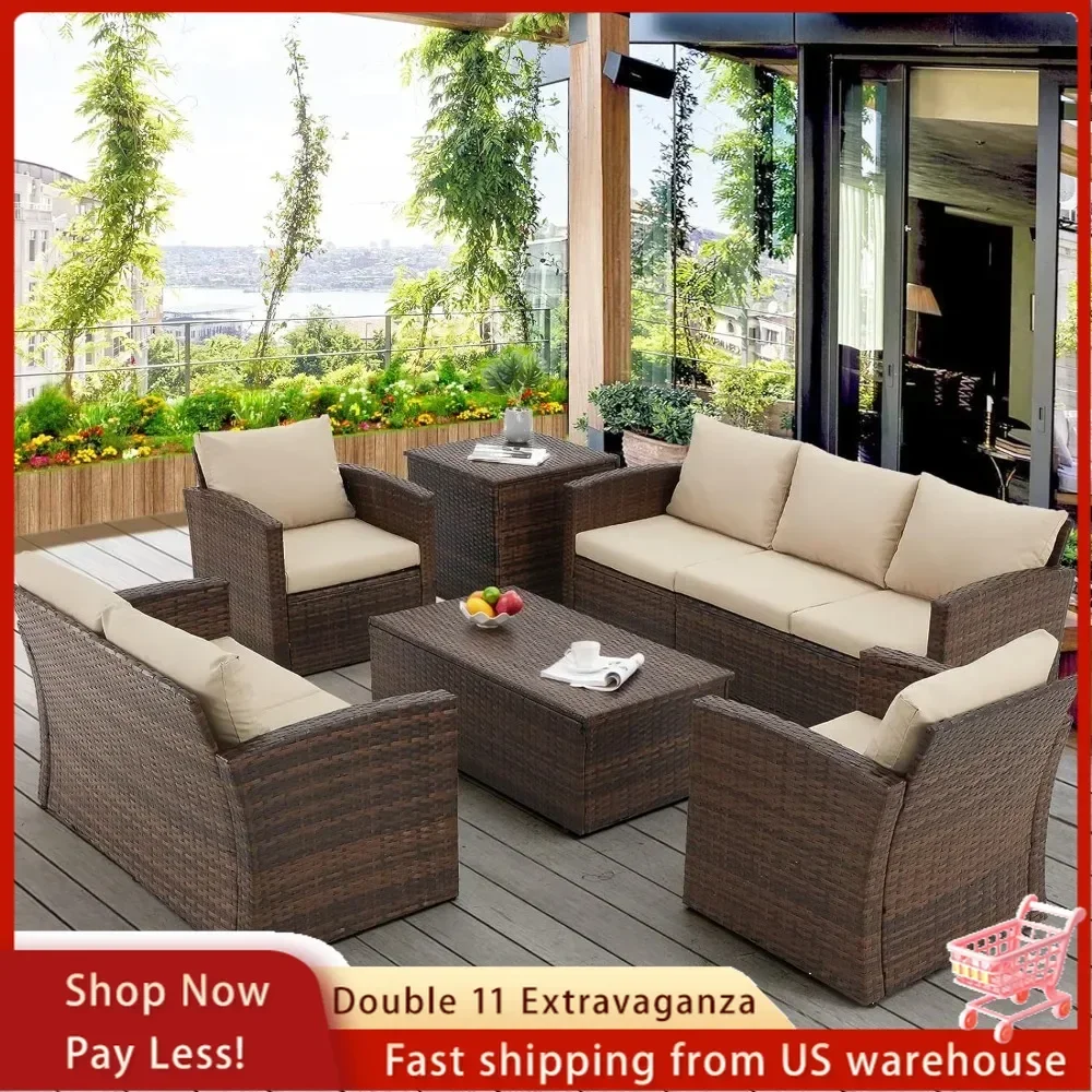 

7 pieces of patio furniture with two storage boxes, outdoor rattan sofa all-weather PE wicker sectional sofa for garden backyard