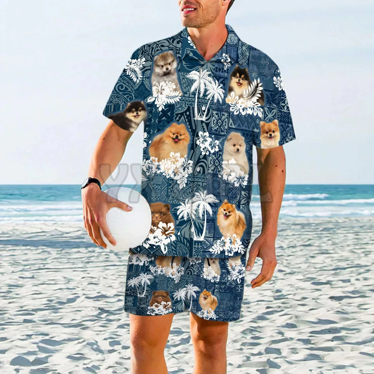 Pommerschen Hawaiian Set 3D Alle Über Gedruckt Hawaii Hemd + Strand Shorts Männer Für Frauen Lustige Hund Sunmmer Kleidung