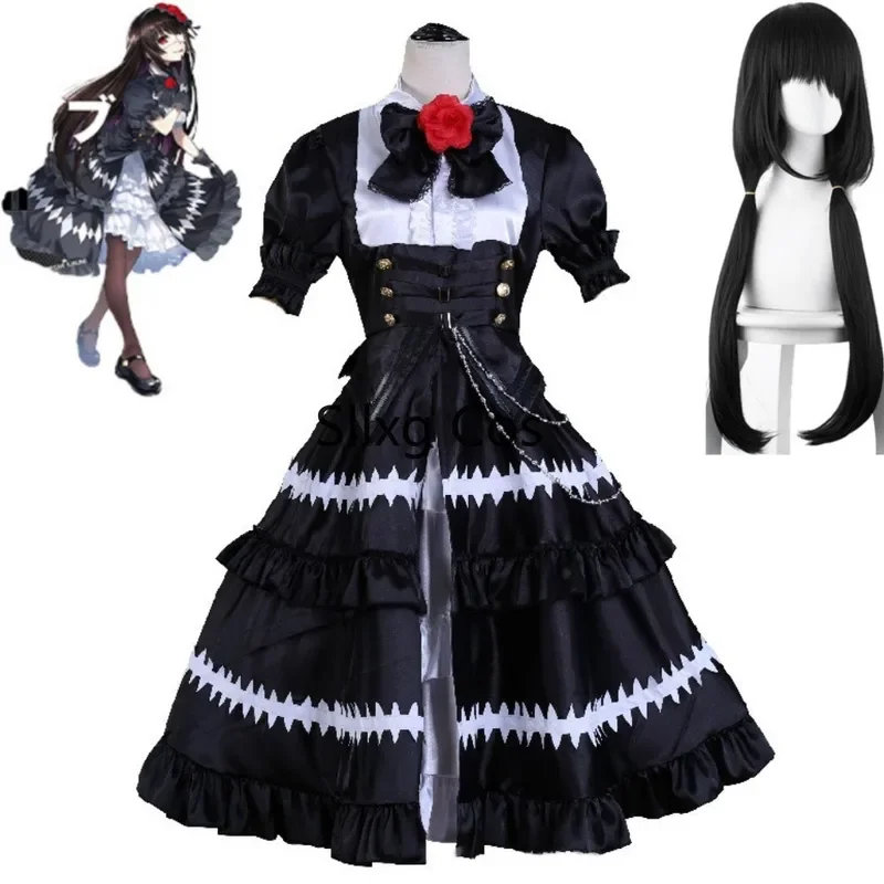

FC6Anime Tokisaki Kurumi Nightmare DATE A LIVE DateALive DAL Cosplay Costume Wig Ratatoskr Gothic Lolita Black Dress Hallow@FC8！