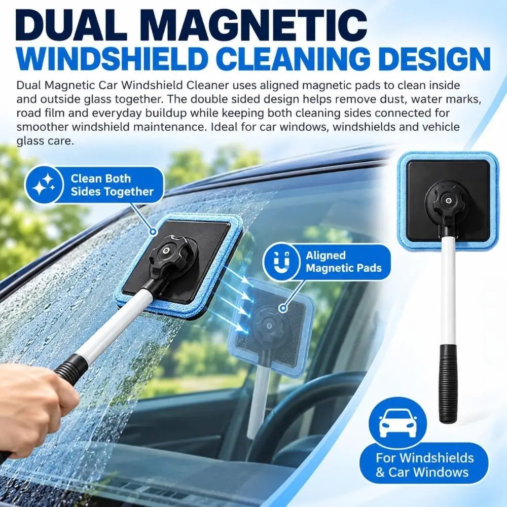 Extendable Handle Windshield Cleaner Magnetic Lock Glass Cleaning Kit Windshield Cleaning Wand Streak-Free Detachable Pads