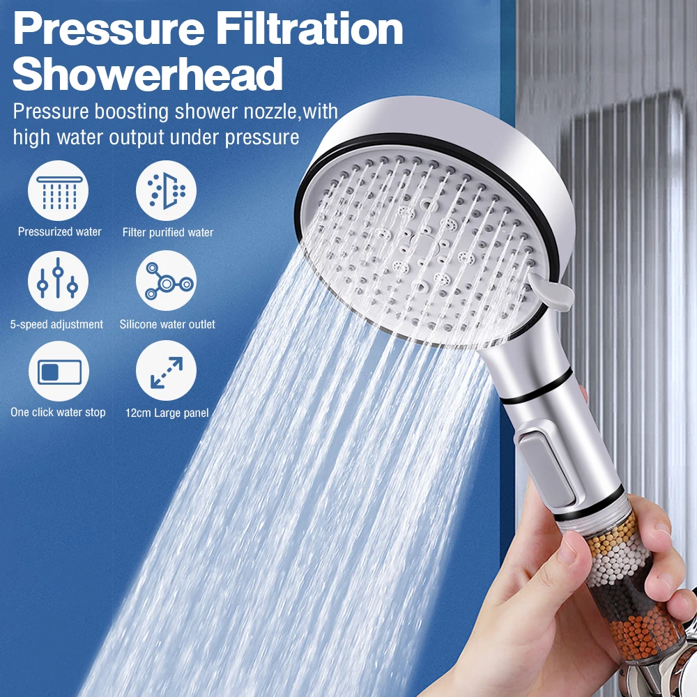 Bathroom Shower Head with Stop Button 5 Mode Anti Limestone Filter Hygienic Remove Chlorine Handheld Head Filtration Shower Head