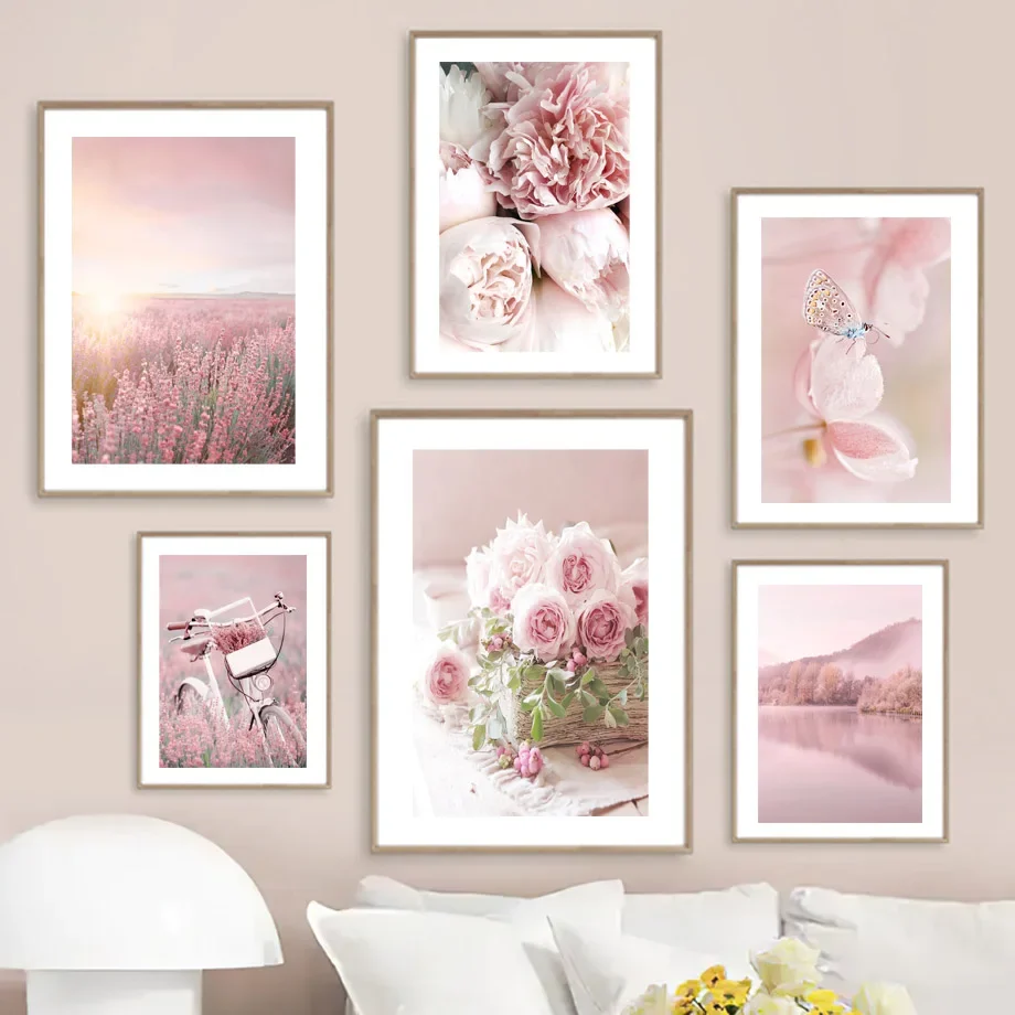 Pink Peony Cherry Blossom Bicycle Wall Art Aesthetics Print Canvas Painting Posters for Living Room Modern Home Decor