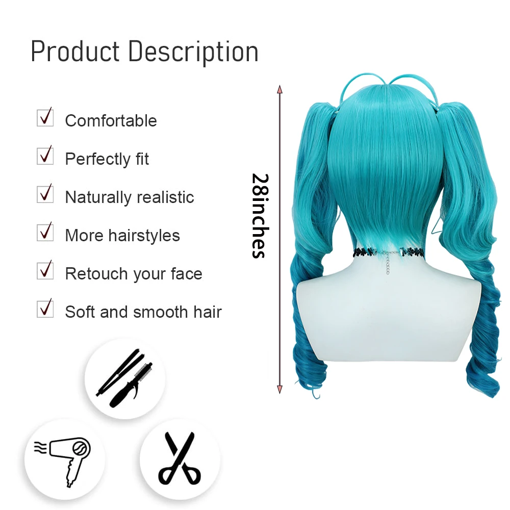 28 pollici di alta qualità Miku Cosplay capelli sintetici spirale doppia coda di cavallo carnevale di Halloween Anime parrucca sfumata blu e blu