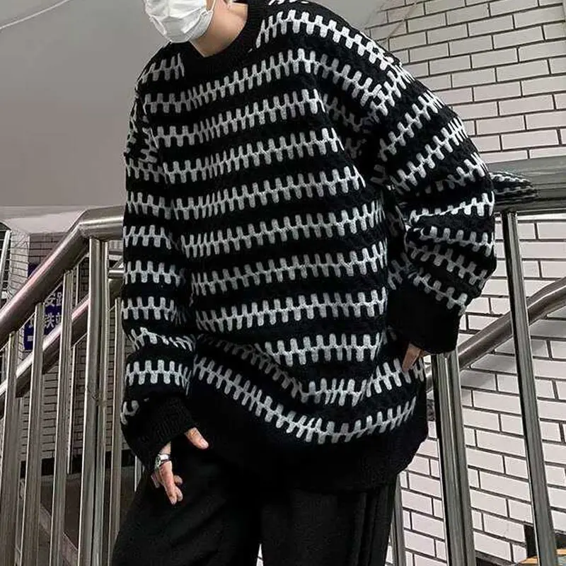 

Youthful Vitality Striped Pullovers Knitted Autumn Winter Vintage Casual Loose Men's Clothing Korean O-Neck Long Sleeve Sweaters