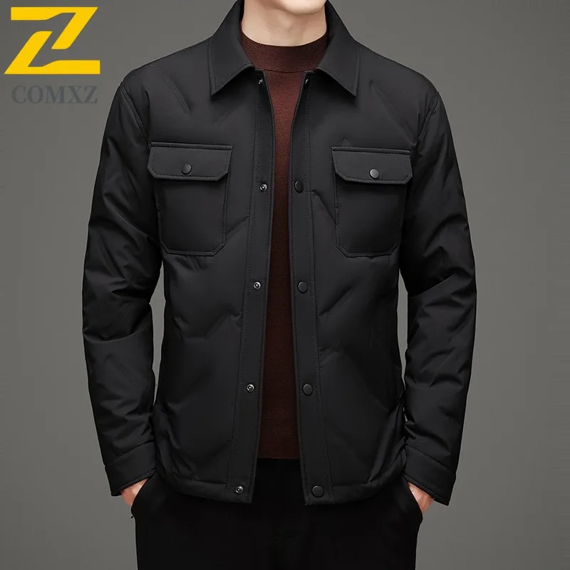 COMXZ Mens Down Jacket Turndown Collar Outdoor Work Warm Puffer Jackets Casual Single Row Button Travel Lightweight Winter Coat