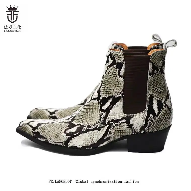 Real Leather Alligator Leather Men boots Elastic band fashion boy Chelsea Boots 3cm heel pointed toe short shoes man