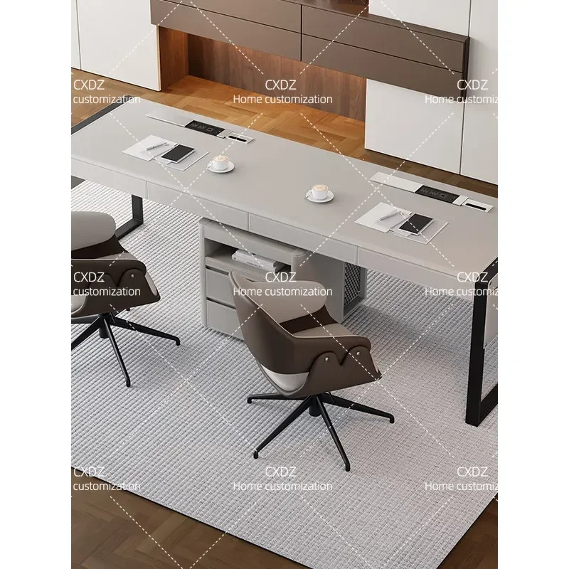Italian Minimalist Saddle Leather Double Workstation Solid Wood Office Computer Desk Writing Table for Staff