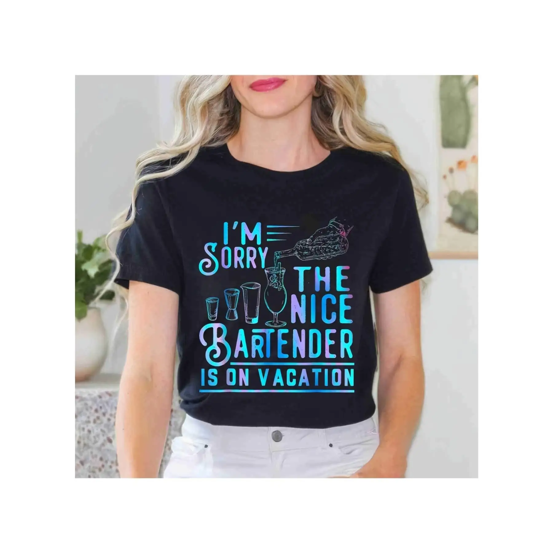 

Women'S I'm Sorry The Nice Bartender Is On Vacation Graphic Tee - Casual Short Sleeve Round Neck T-Shirt, Black With Colorful