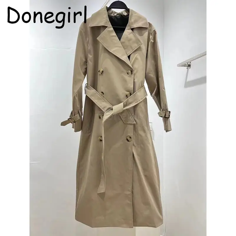 Donegirl 2023 Nieuwe Lente Herfst Mode Effen Revers Trenchcoat Jas Met Dubbele Rij Knopen Losse Casual Eenvoudige Windscherm Dames Chic