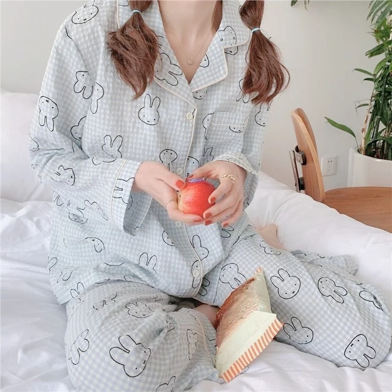 Conjunto de pijamas vintage miffy bunny doce xadrez leve e minimalista para mulheres retrô desenho animado algodão loungewear
