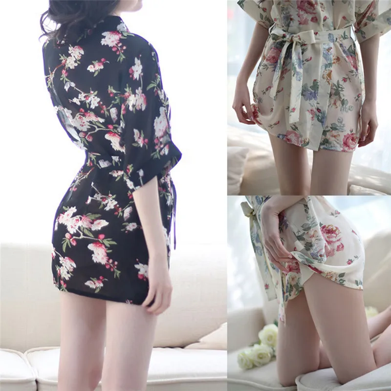 Women Floral Print Sexy Lingerie Nightdress Underwear Robe Chiffon Sleepwear