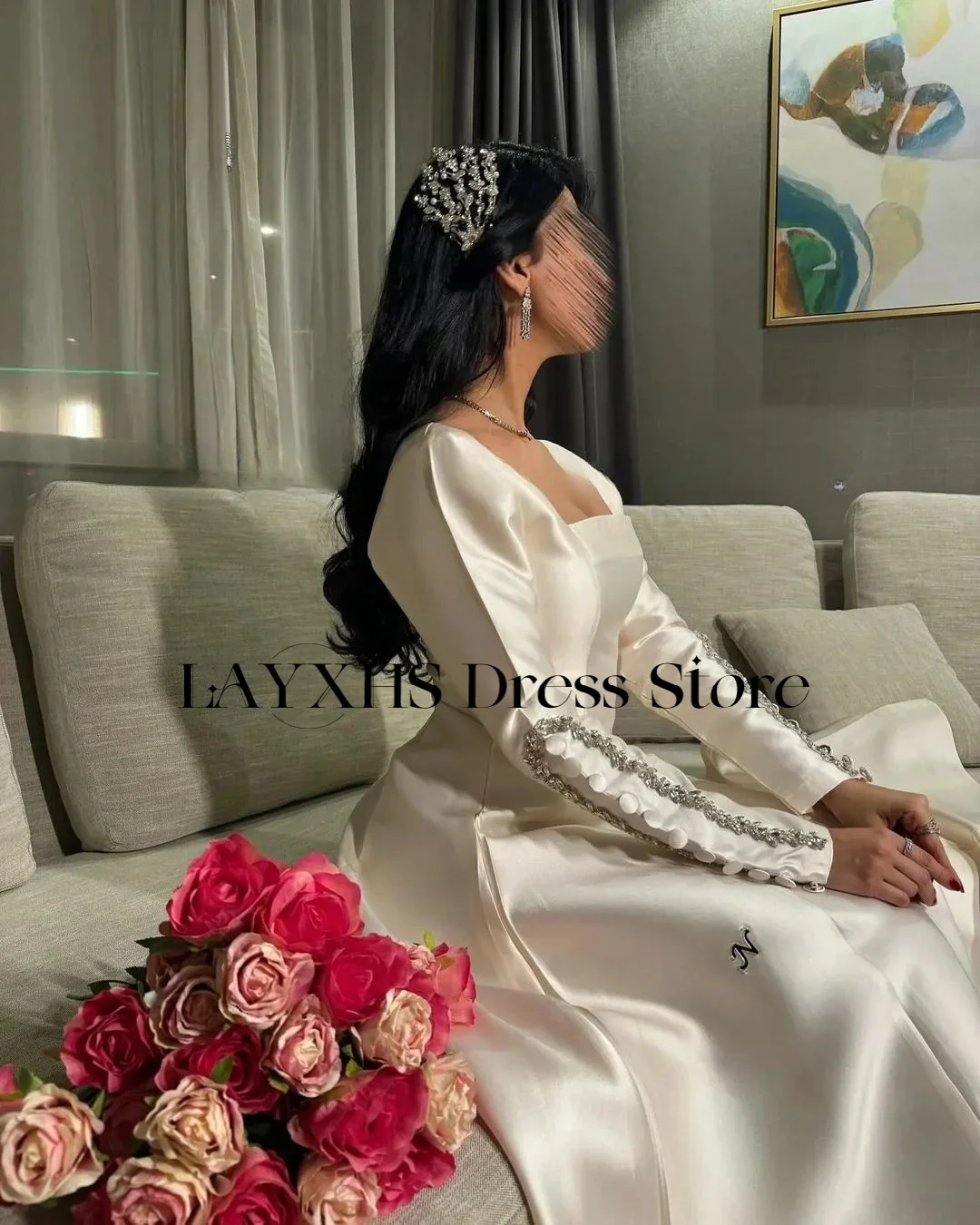 LAYXHS Luxury Square Neck Evening Dresses A-Line Long Sleeves Beaded Button Women Prom Dresse Customized فساتين سهرة